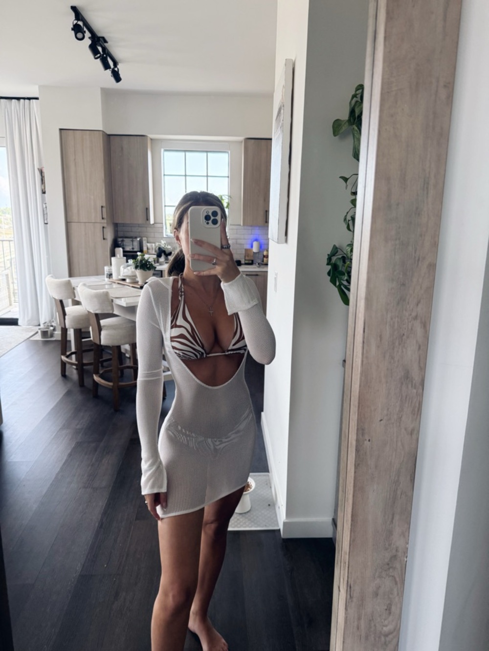 Shein Sheer White Long-Sleeve Cutout Mini Dress Cover Up (Size XXS)